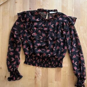 Lush Black Top with Pink Floral Ruffles